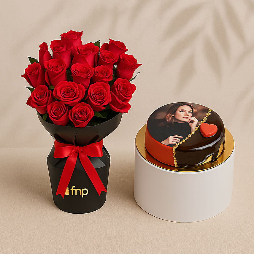 Red Velvet Whispers Of Roses With Photo Cake