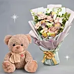 Mesmerising Flowers and Chocolates Bouquet with Teddy bear