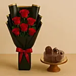 Chocolate Cake with Buch of 6 Red Roses