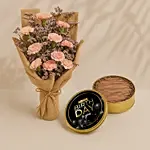 Charming Pink Carnations With Happy Birthday Cake In Tin Box