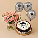 Class Of 2025 Graduation Cake With Pink Roses And Balloons