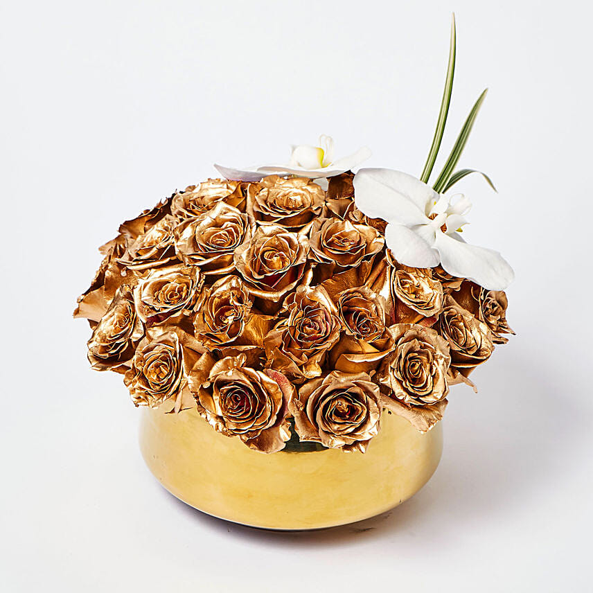 Delightful Gold Roses N Phalaenopsis Vase Arrangement: Send Flowers to Bahrain