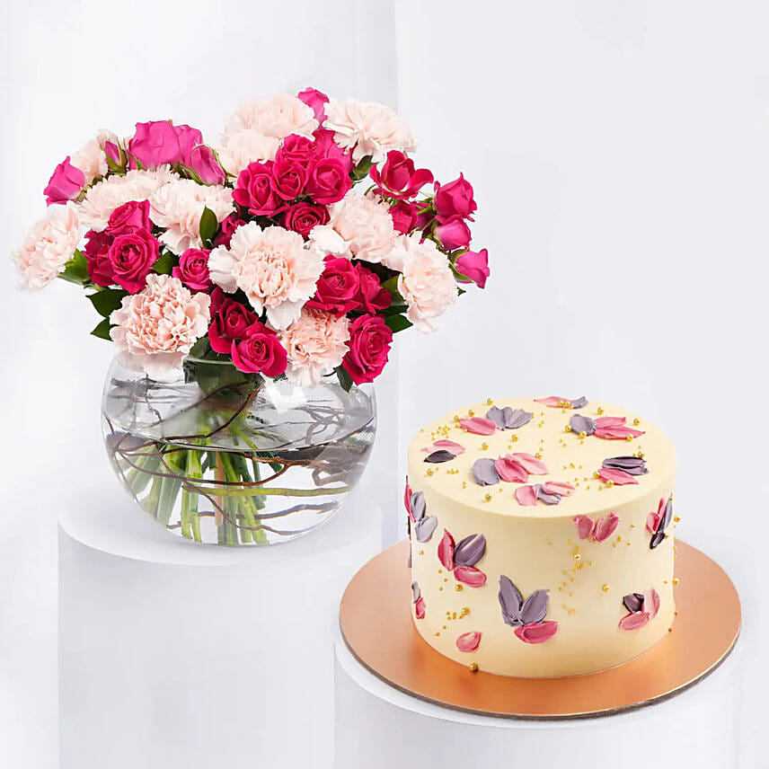 Mothers Day Flowers In Fish Bowl N Cake: Combos