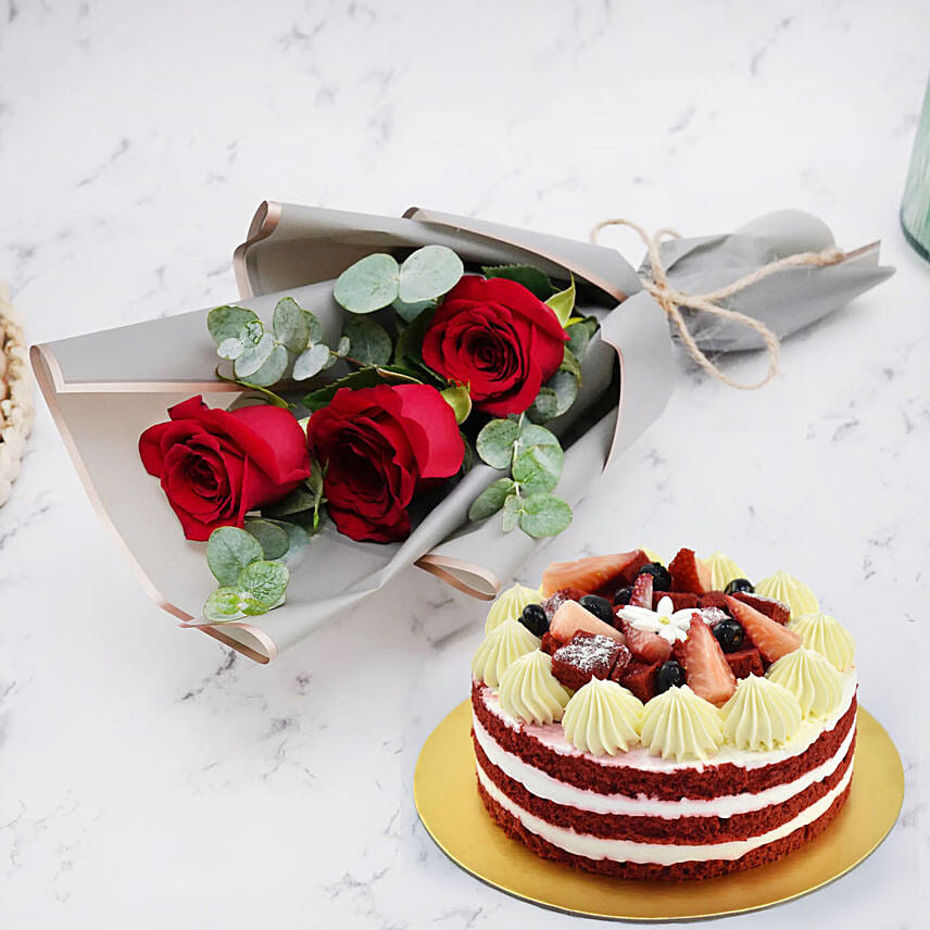 Red Velvet Cake and Bunch of 3 Red Roses: 