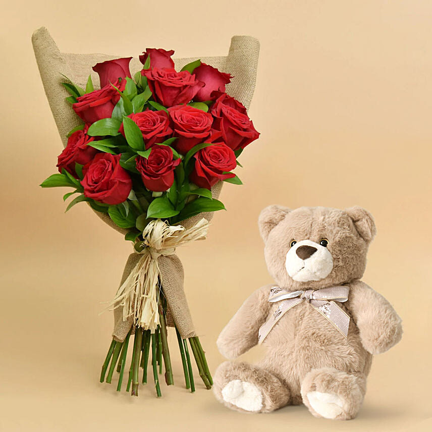 Valentines 12 Roses Bouquet And Teddy: Send Gifts to Bahrain