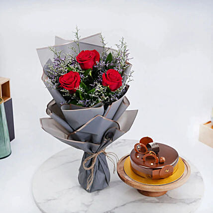 Chocolate Cake with Bunch of 3 Red Roses: Send Gifts to Bahrain