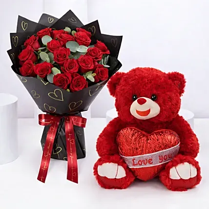 Red Roses With Heart Balloon Teddy: 