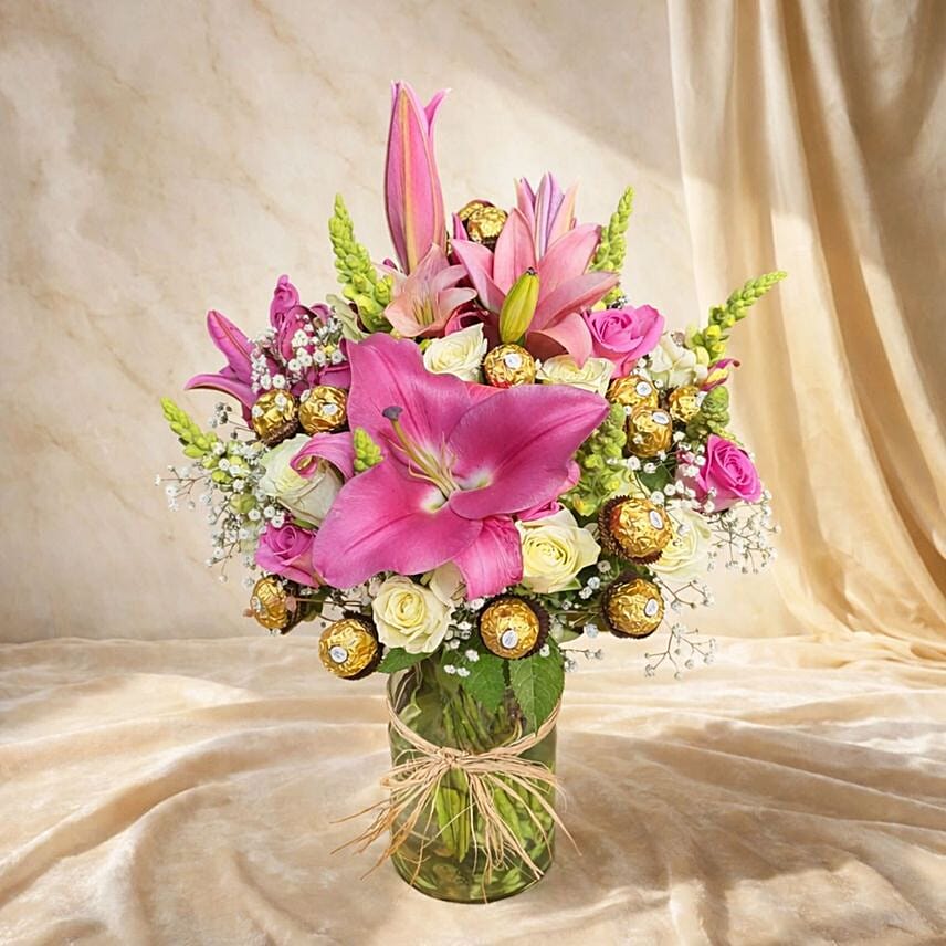 Pink Lily Roses and Ferrero Rocher Luxury Vase Arrangement: 
