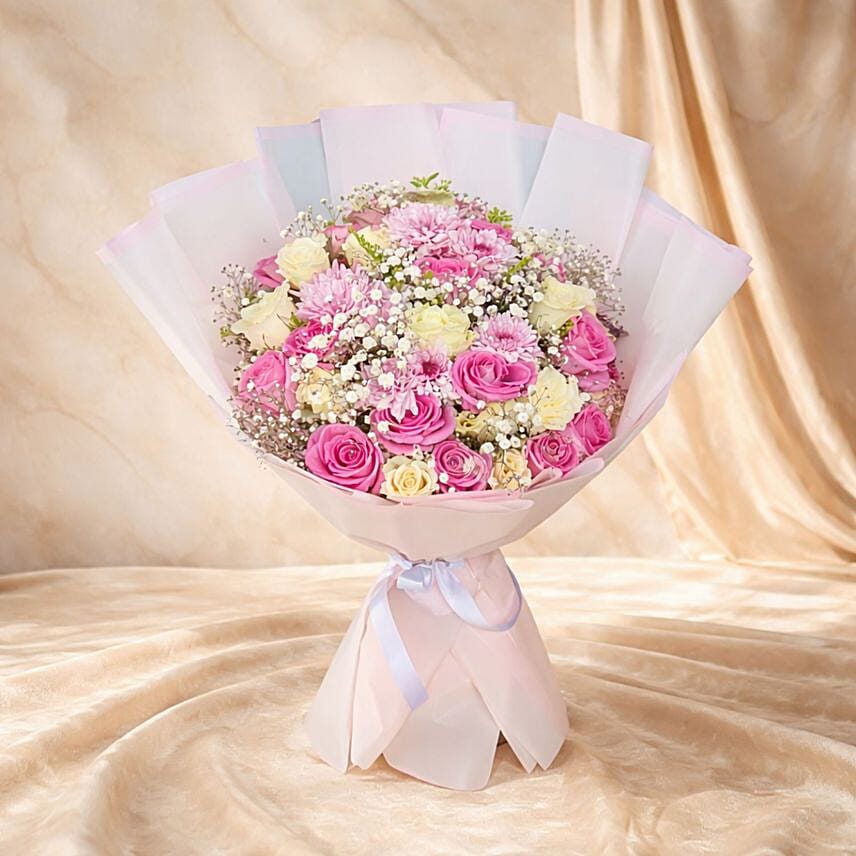 Pink Roses Chrysanthemum and Babys Breath Elegant Bouquet: 
