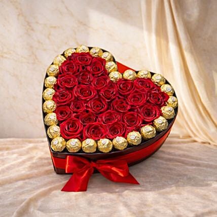 Heart Shape Red Roses and Ferrero Rocher Luxury Box: 