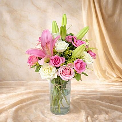 Pink and White Roses with Pink Lily Glass Vase Arrangement: Send Gifts to Egypt