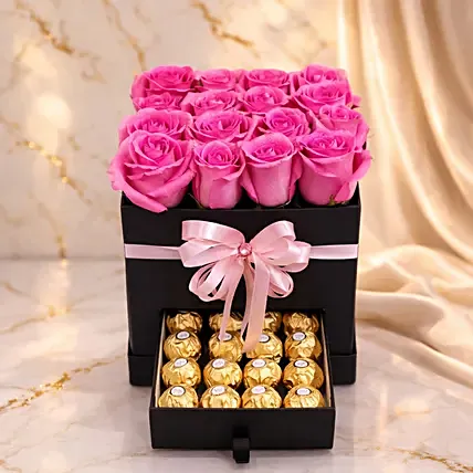 Pink Roses and Ferrero Rocher Luxury Drawer Box: 
