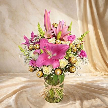 Pink Lily Roses and Ferrero Rocher Luxury Vase Arrangement: 