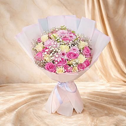 Pink Roses Chrysanthemum and Babys Breath Elegant Bouquet: 