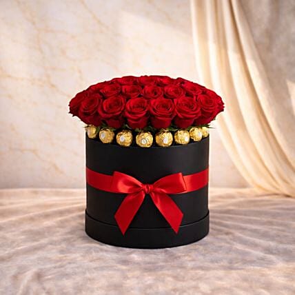 Red Roses and Ferrero Rocher Luxury Black Box: Send Gifts to Egypt