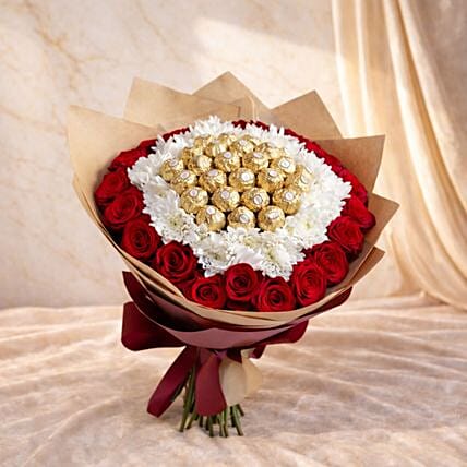 Red Roses White Chrysanthemum and Ferrero Rocher Luxury Bouquet: Send Flowers to Egypt