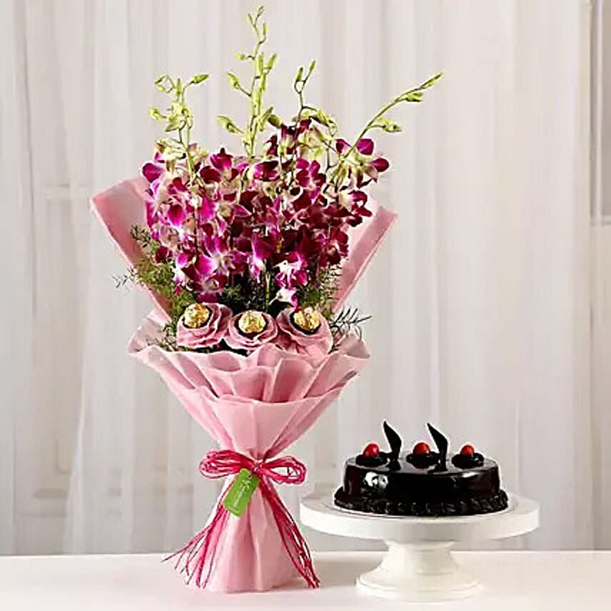 Chocolaty Orchids Bouquet and Truffle Cake: Send Gift Combos to India