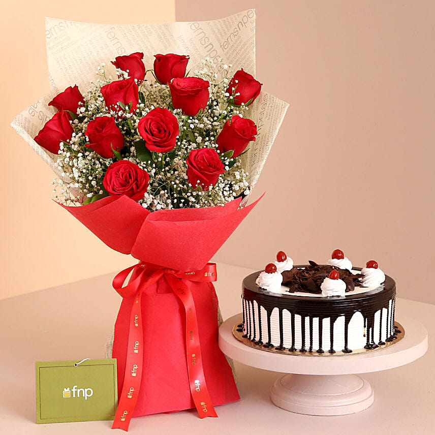 Confetti of Love Red Roses Bouquet And Black Forest Cake: Send Gift Combos to India