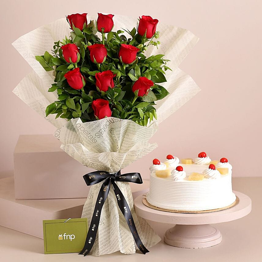 Elegant Vibe Red Roses Bouquet Pineapple Cake: Send Birthday Gifts to India