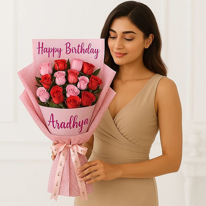 Joyful Personalised Rose Bouquet: Send Birthday Gifts to India