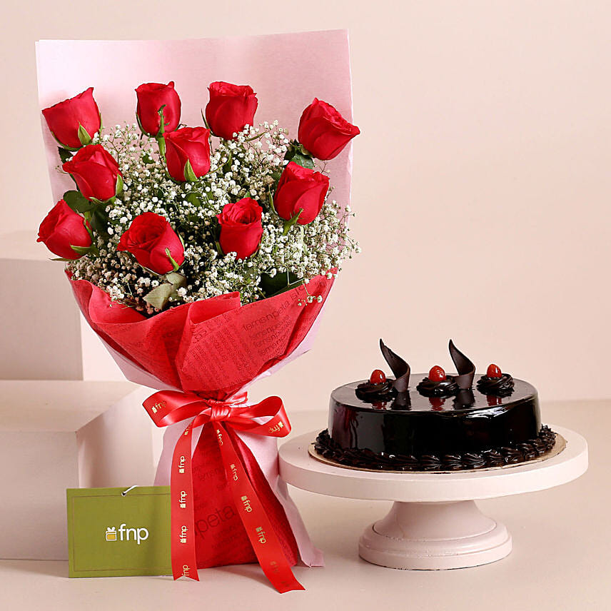 Magical Love Red Roses Bouquet And Truffle Cake: Send Gift Combos to India