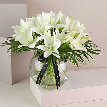 Pure 10 White Asiatic Lilies In Fishbowl Vase: Gift Delivery to India