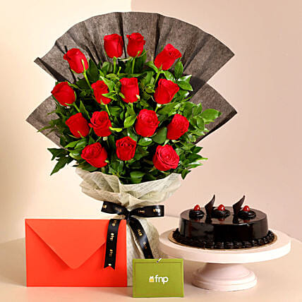 Touch of Luxury Red Roses Bouquet And Truffle Cake: Send Gifts To India