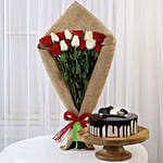 Red and White Roses with Choco Cream Cake
