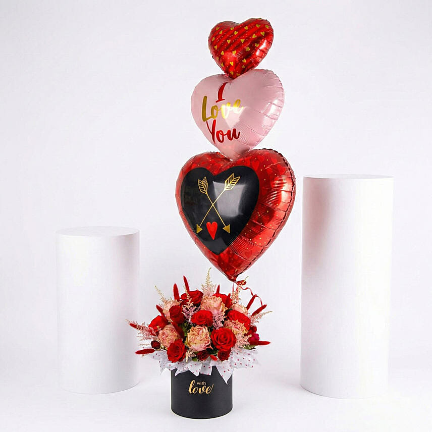 Crimson Heart Floral Balloon Arrangement: Valentines Day Gifts to Jordan