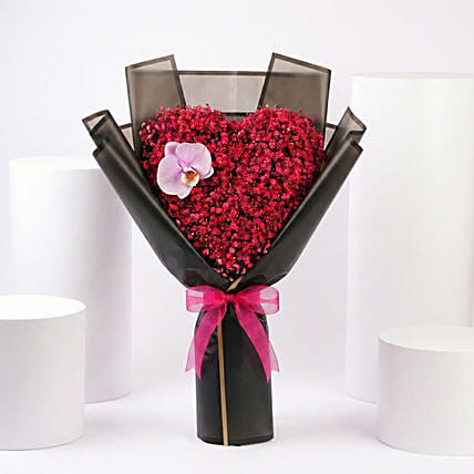 Dark Pink Gypsophila Heart Shaped Hand Bouquet: Valentines Day Gifts to Jordan