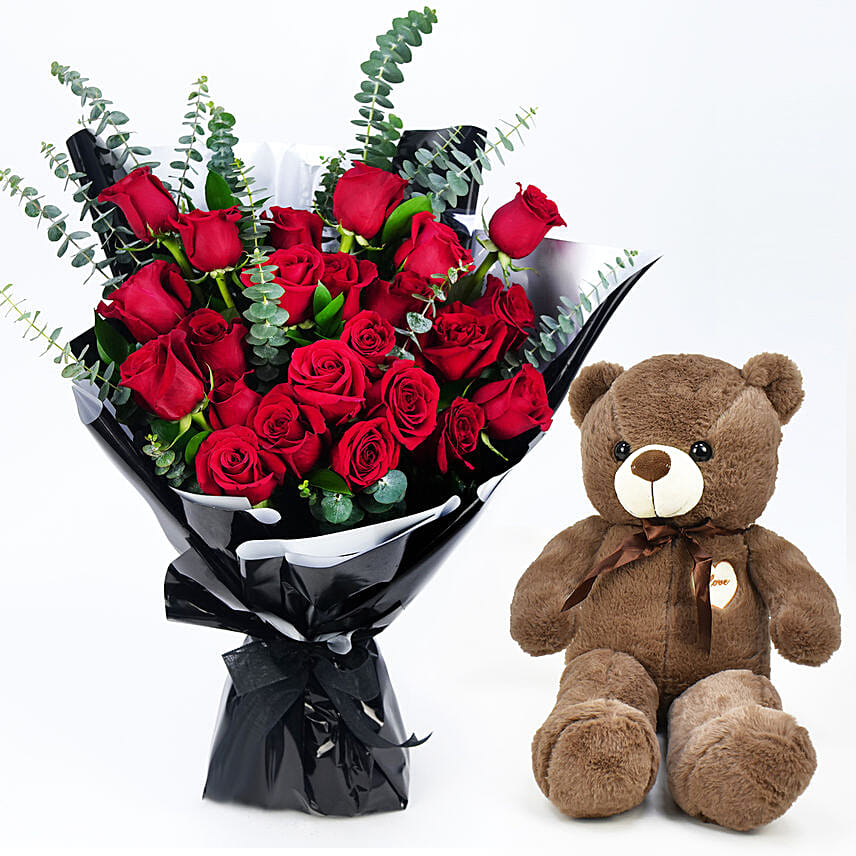 24 Roses Bouquet With Teddy: 