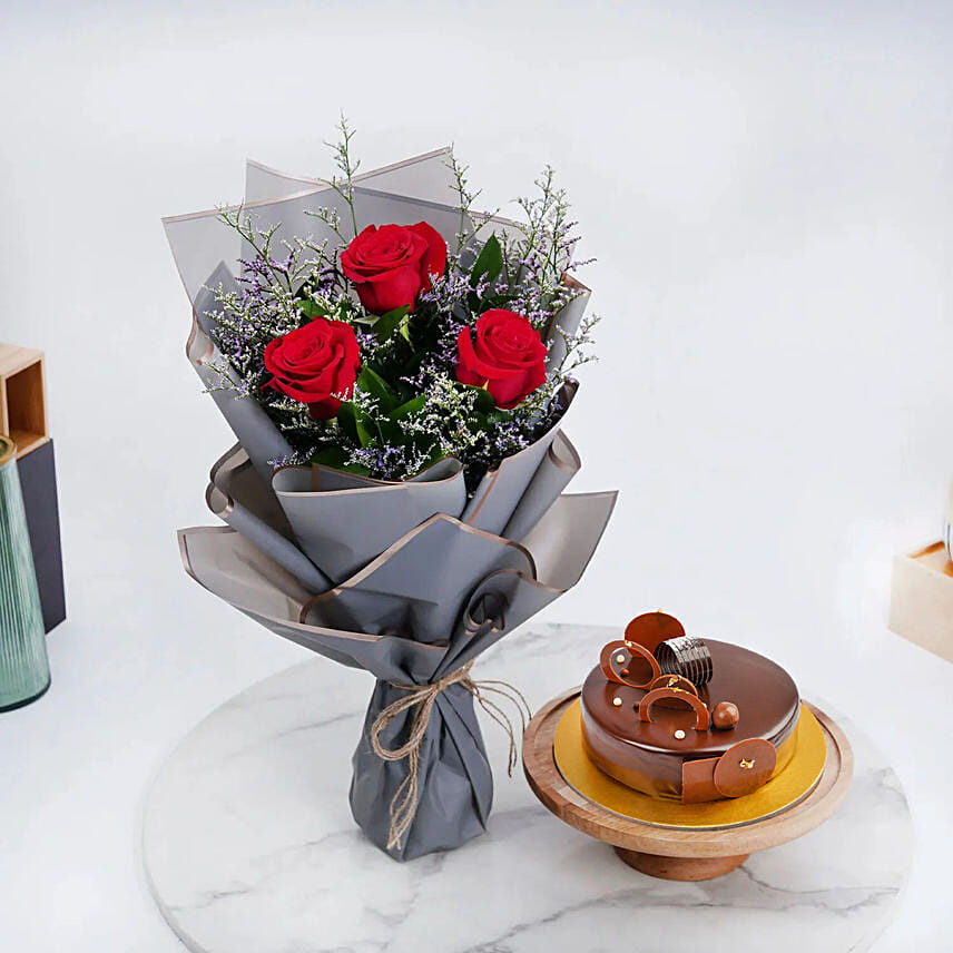 Chocolate Cake with Fresh Red Roses: Send Gift Combo to Kuwait