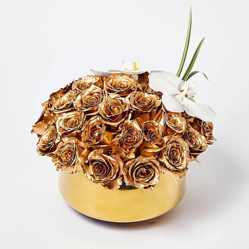 Delightful Gold Roses N Phalaenopsis Vase Arrangement: 
