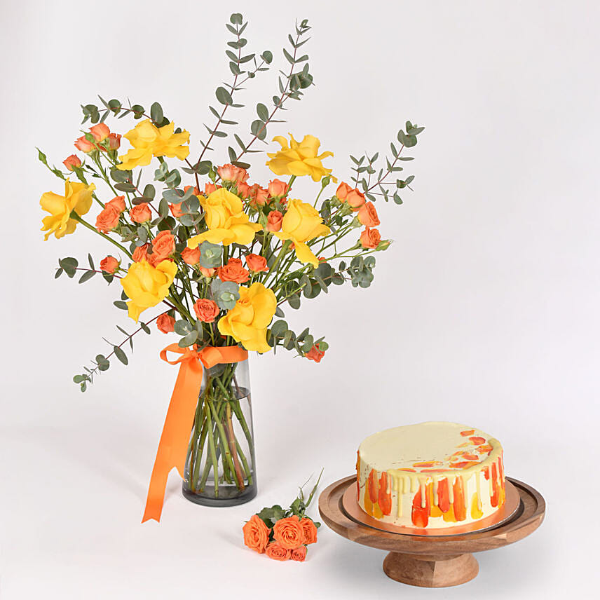 Orange and Yellow Roses and Cake: Send Gift Combo to Kuwait