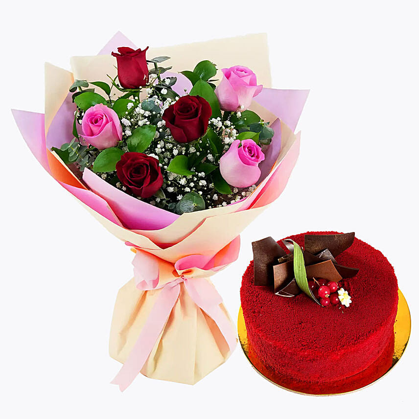 Pink And Red Roses With Red Velvet Cake: Send Gift Combo to Kuwait