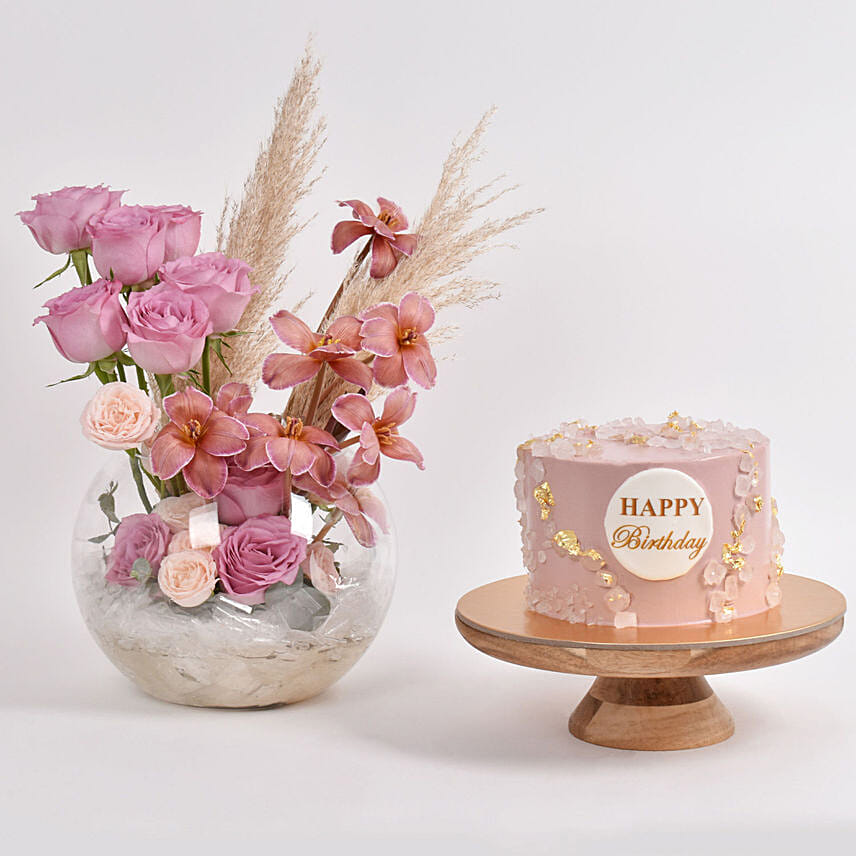 Tulips and Roses with Birthday Cake: Send Gift Combo to Kuwait