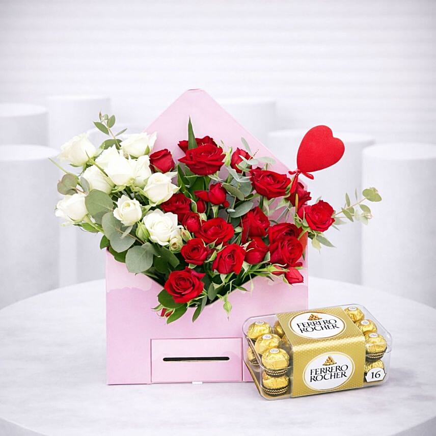 Blush Love Envelope Spray Roses and Ferrero Delight: Send Valentines Day Gifts to Kuwait