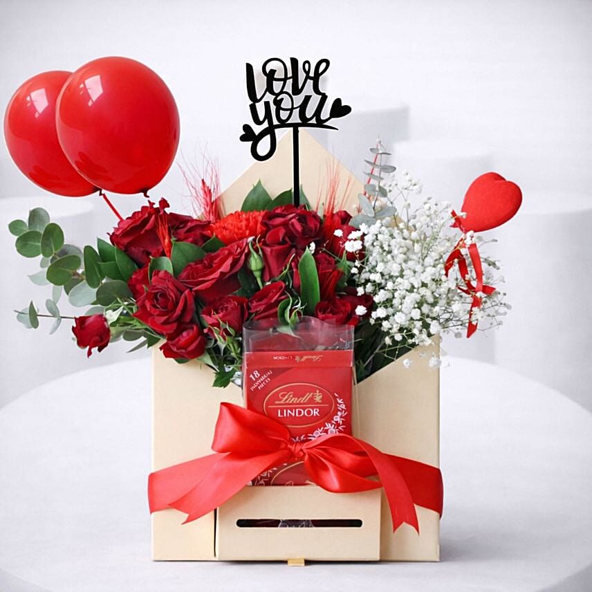 Love You Red Roses and Lindt Chocolate Gift Box With Decorative Balloons: Send Valentines Day Gifts to Kuwait