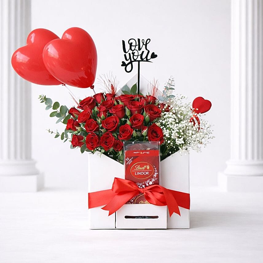 Love You Red Roses and Lindt Chocolate Gift Box With Decorative Balloons: Send Gifts to Kuwait