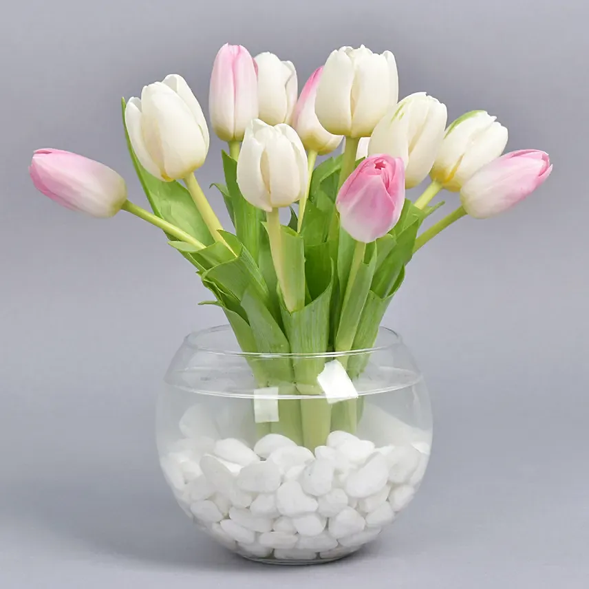 12 Tulips in Fish Bowl: Tulip Flower Bouquets