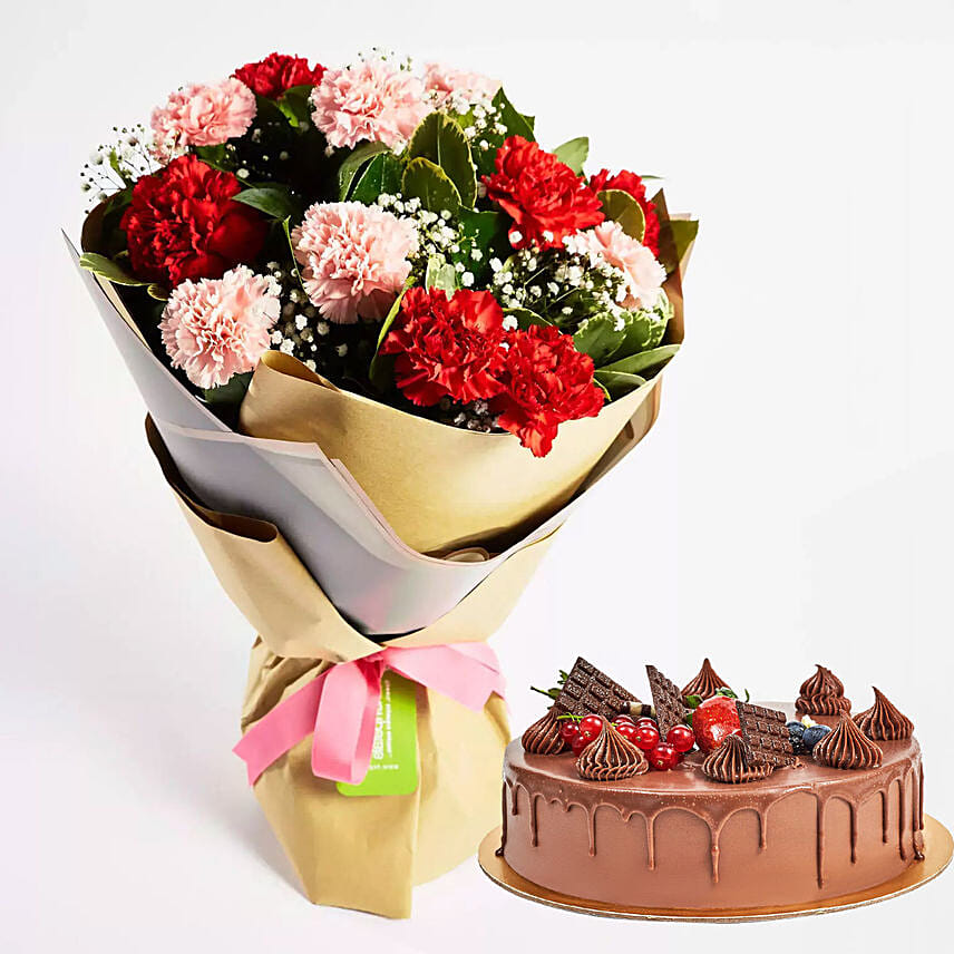 Order Appealing Mixed Carnations Bouquet with Fudge Cake Online | Same ...