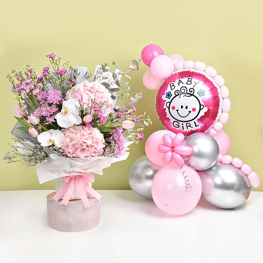 Baby Girl Balloons with Flowers Bouquet: New Born Flowers 