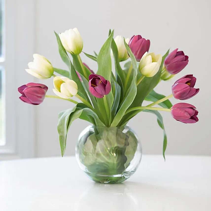 Beautiful Mixed Tulips Glass Vase: Just Because Gifts 