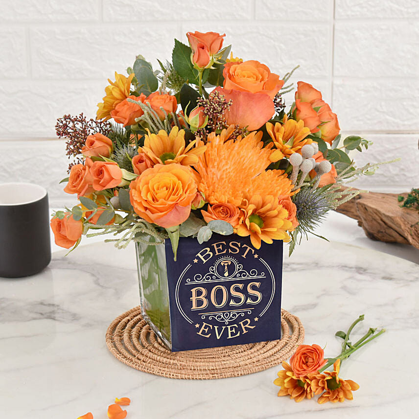 Best Boss Ever Flower Vase: Orange Rose Bouquets