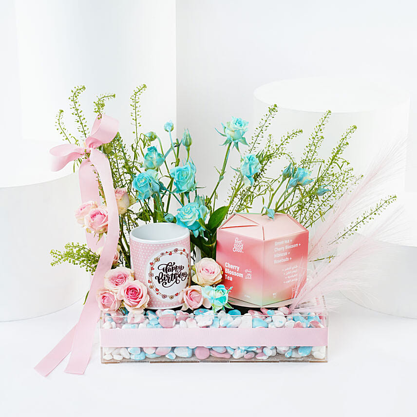 Birthday Flowers and Tea Combo Tray: 