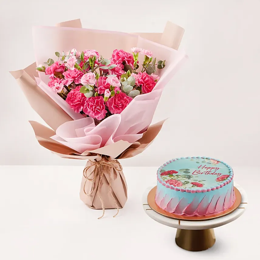 Birthday Wish Carnation Bouquet And Cake: One Hour Delivery Combos