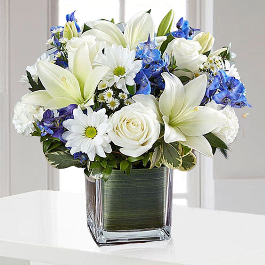 Blue and White Blooms Vase: Flower Arrangements