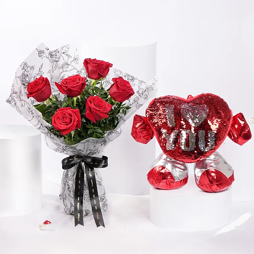 Bouquet of 6 Red Roses With Hugging Heart for Valentines: Teddy Day Gifts