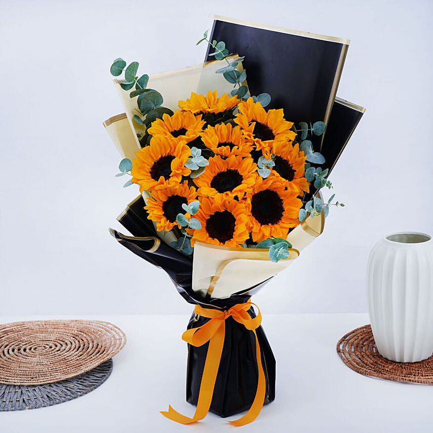 Charismatic Sunflowers Beautifully Tied Bouquet: Flowers