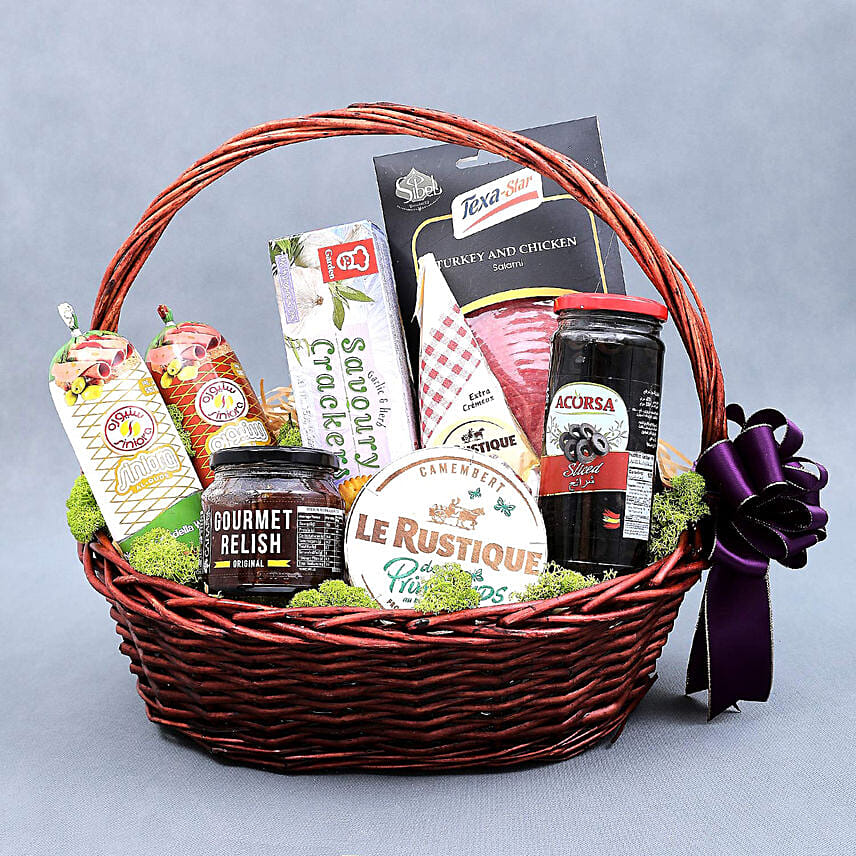 Cheese Salami and Condiments Basket: Thanksgiving Day Gifts